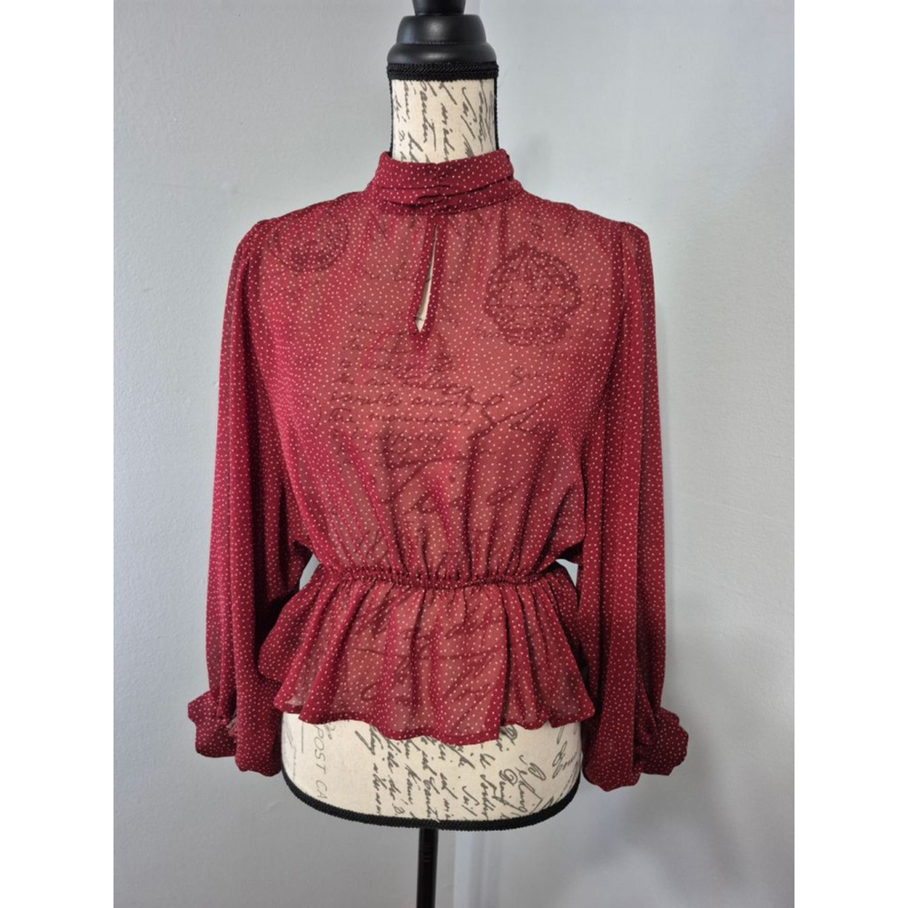 Women's LOVE TREE Red White Polka Dot Sheer Crop Peplum Blouse S